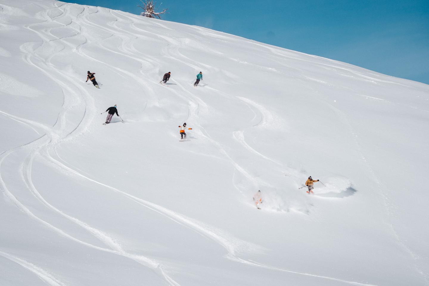 A group of people skiing down a mountain