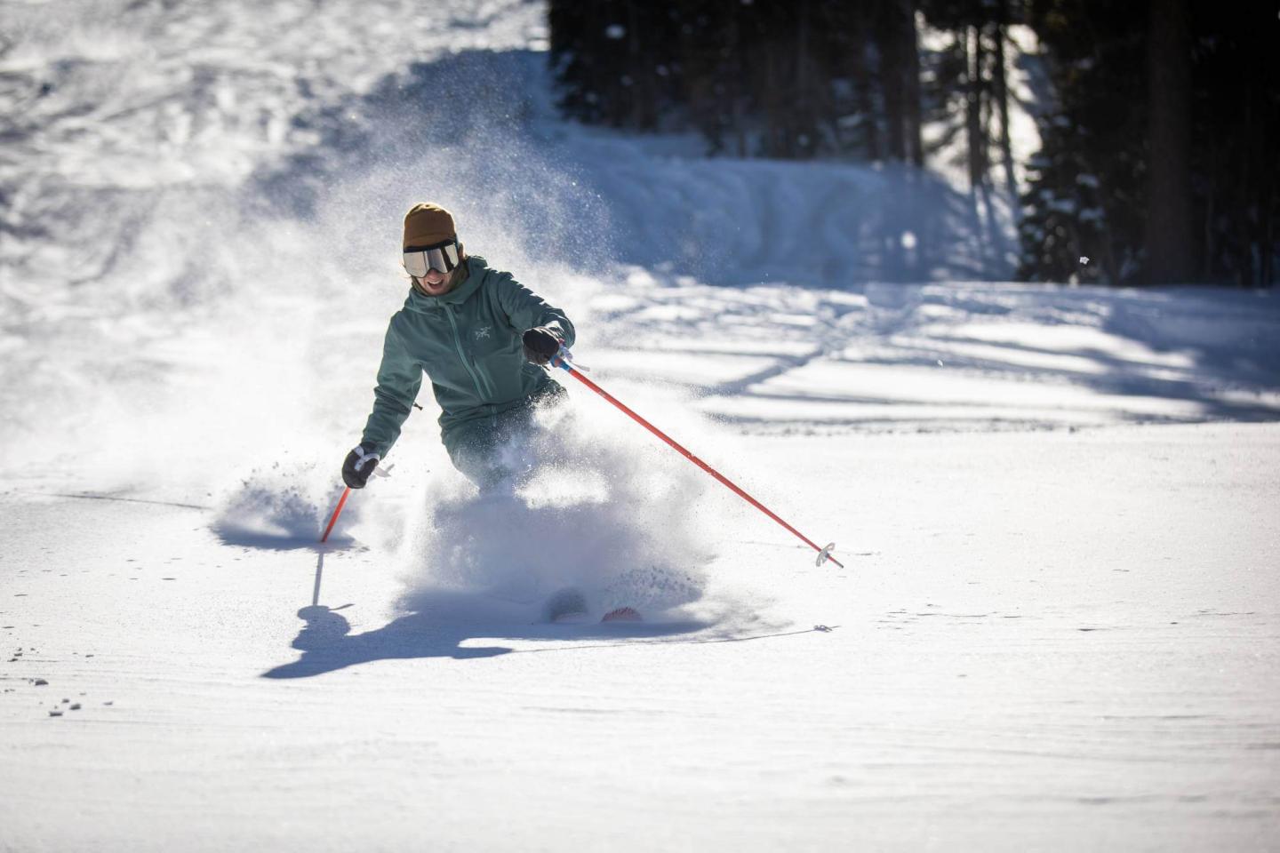 Bear Valley skier with snow background