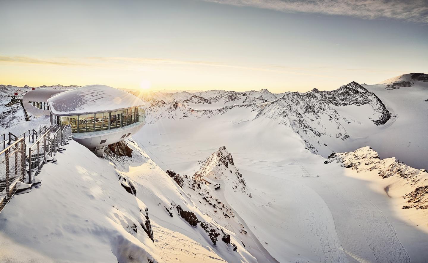 aerial view of Pitztaler Gletscherbahn in snowy mountains