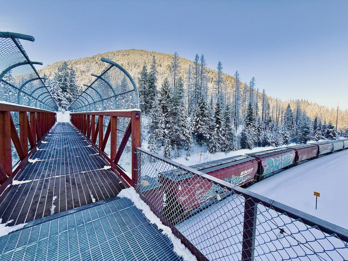 snowy bridge with train underneath