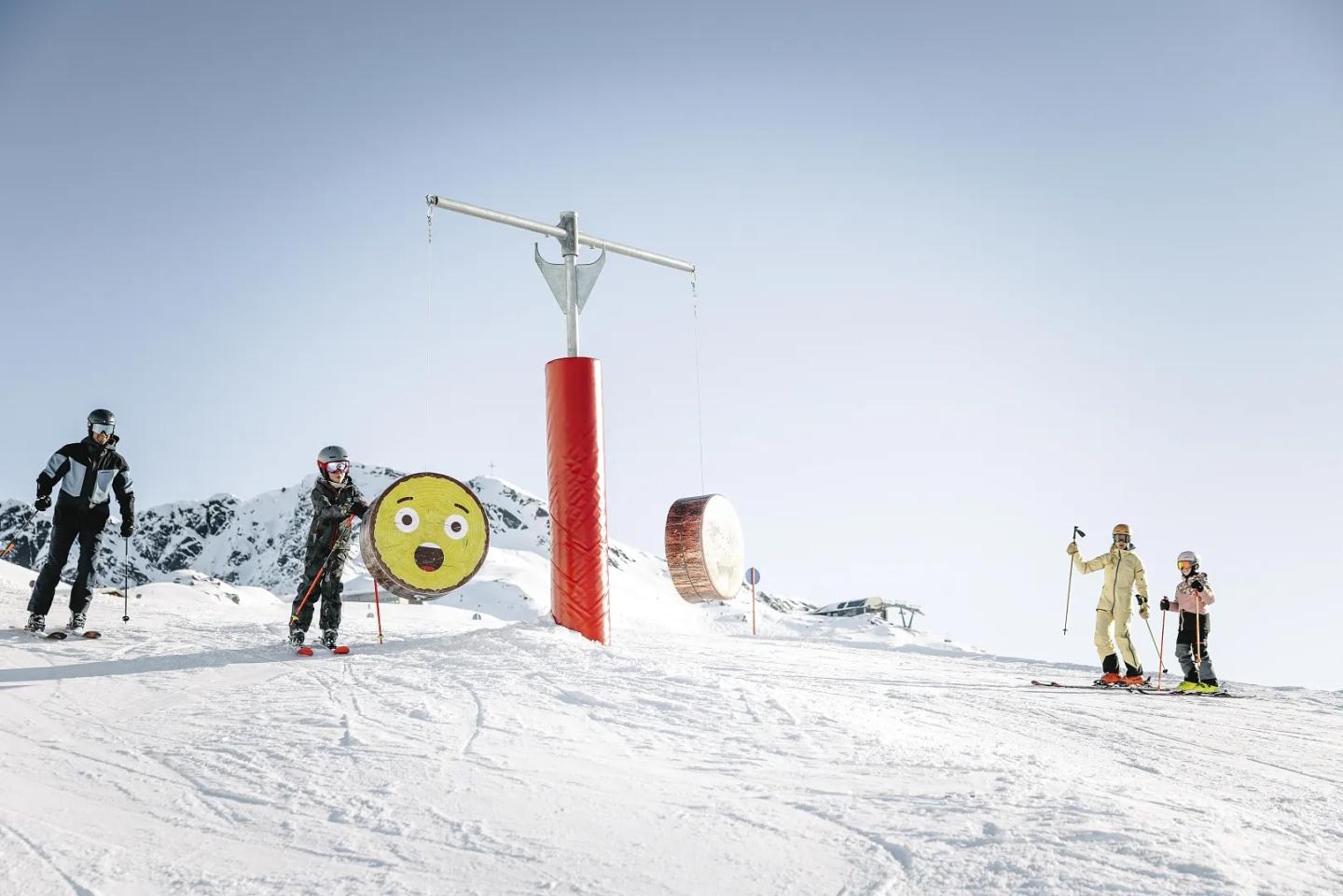 a family together, skiing