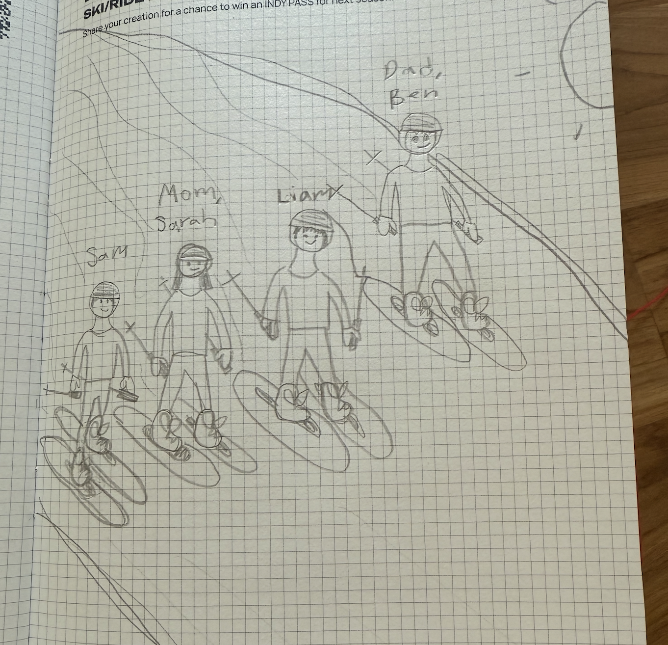 drawing of a family skiing