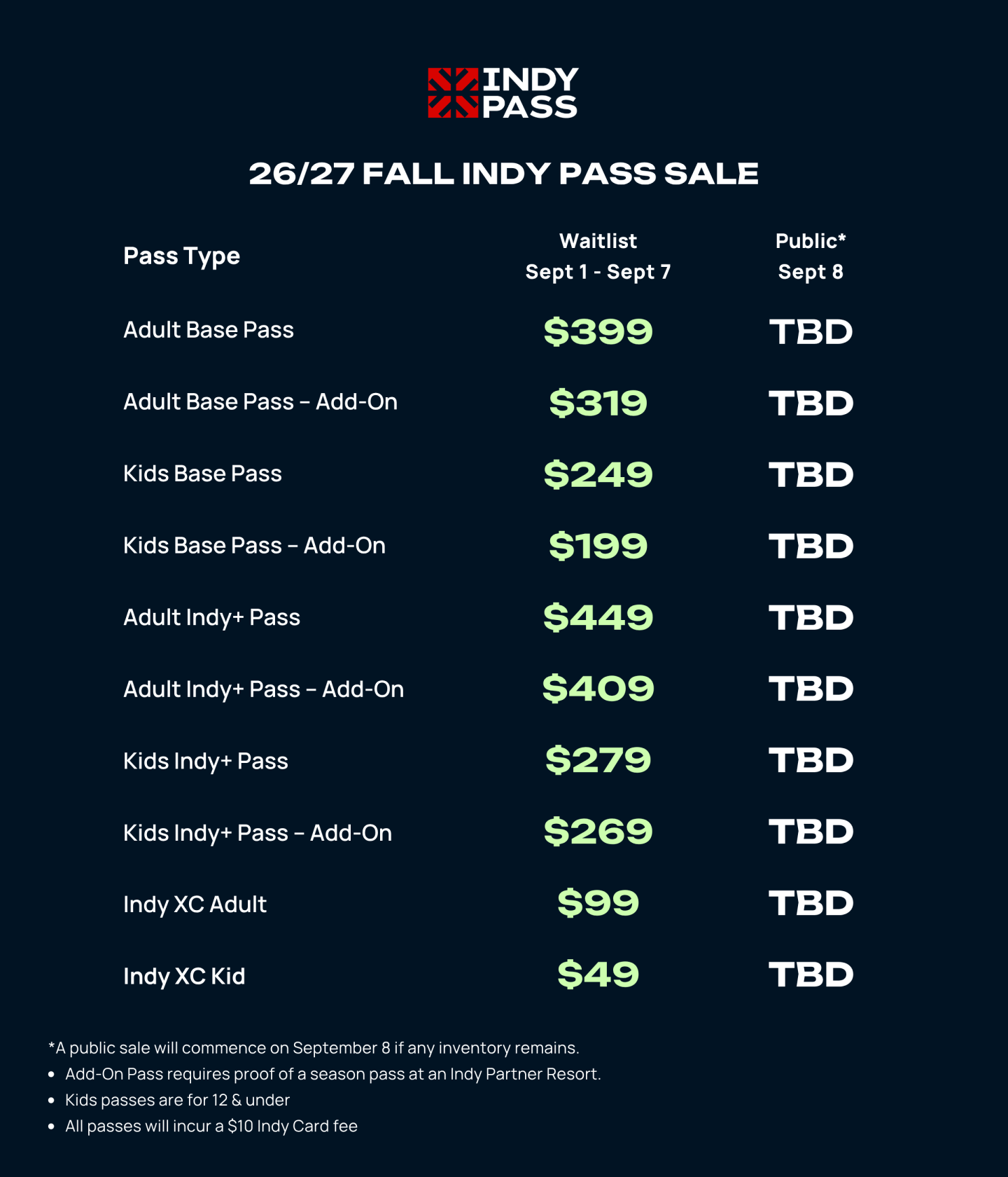 26-27 Fall Indy Pass Pricing 