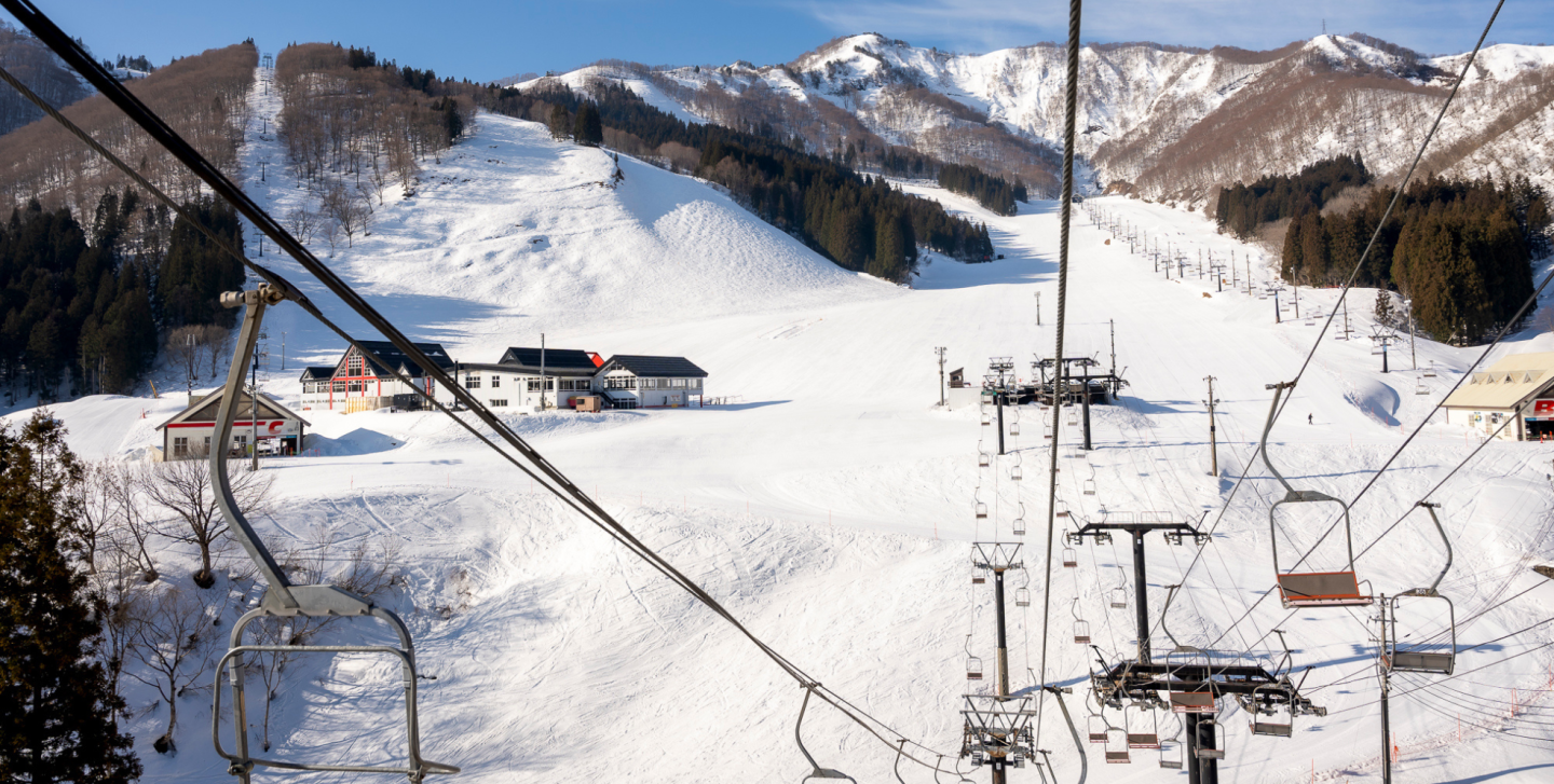 view from the top of the chairlift, looking back at Kandatsu Snow Resort, Japan