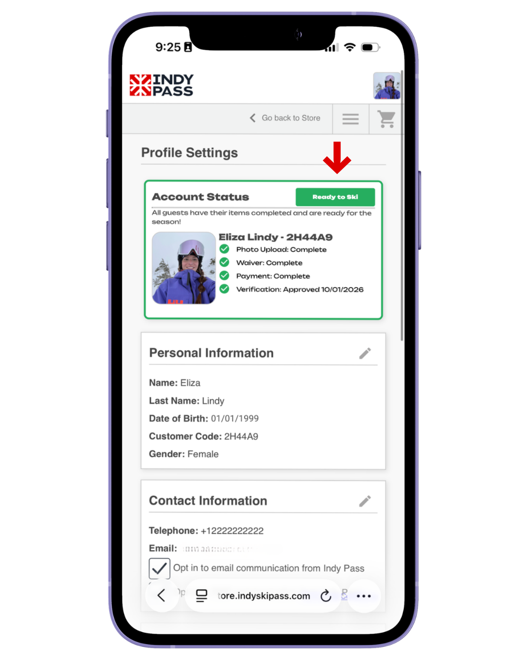mockup of iphone showing the indy pass estore, featuring a test customer who is "ready to ski" 