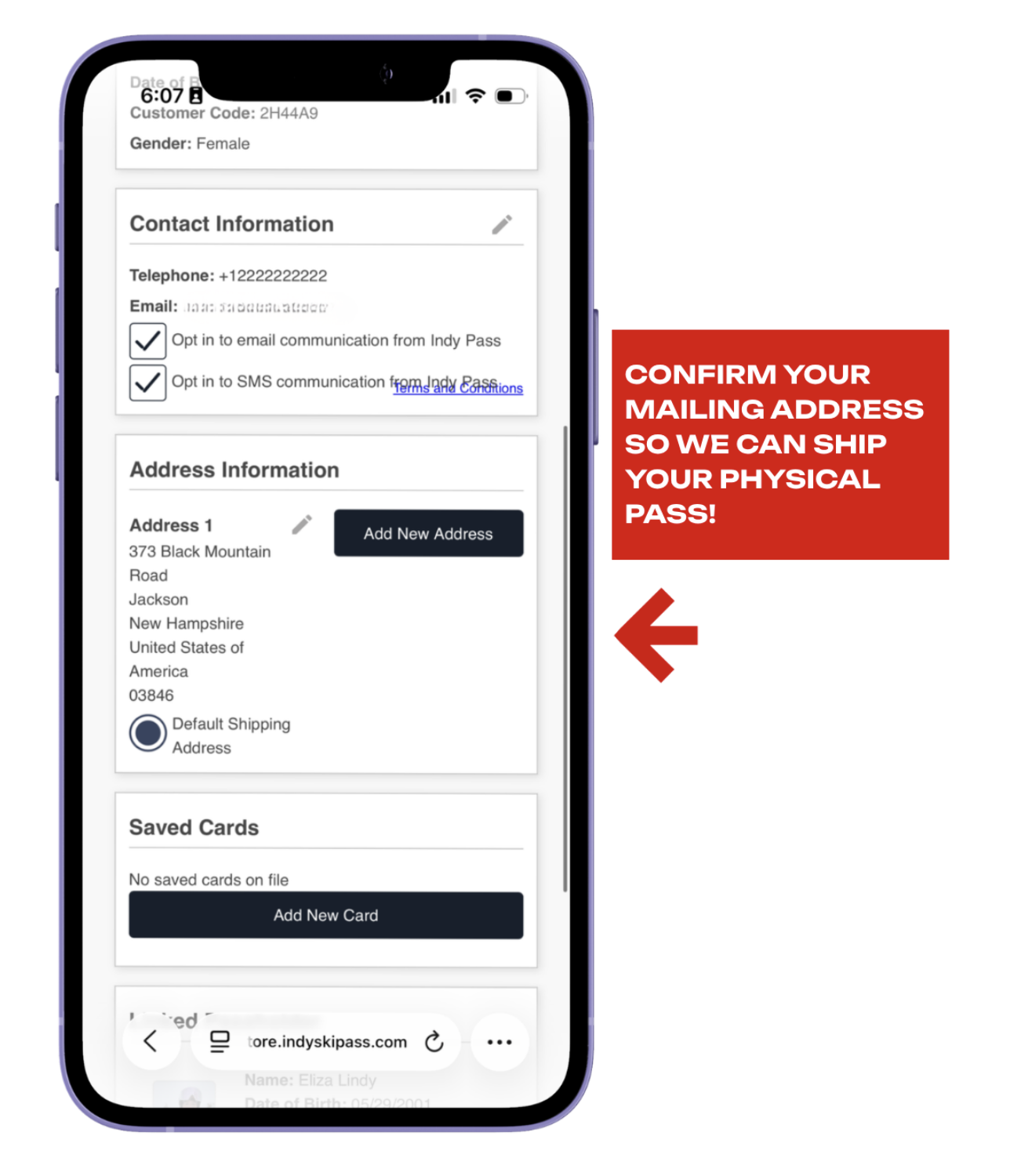 Mock up of an iphone displaying the indy pass e-store, showing folks where to update their mailing address information