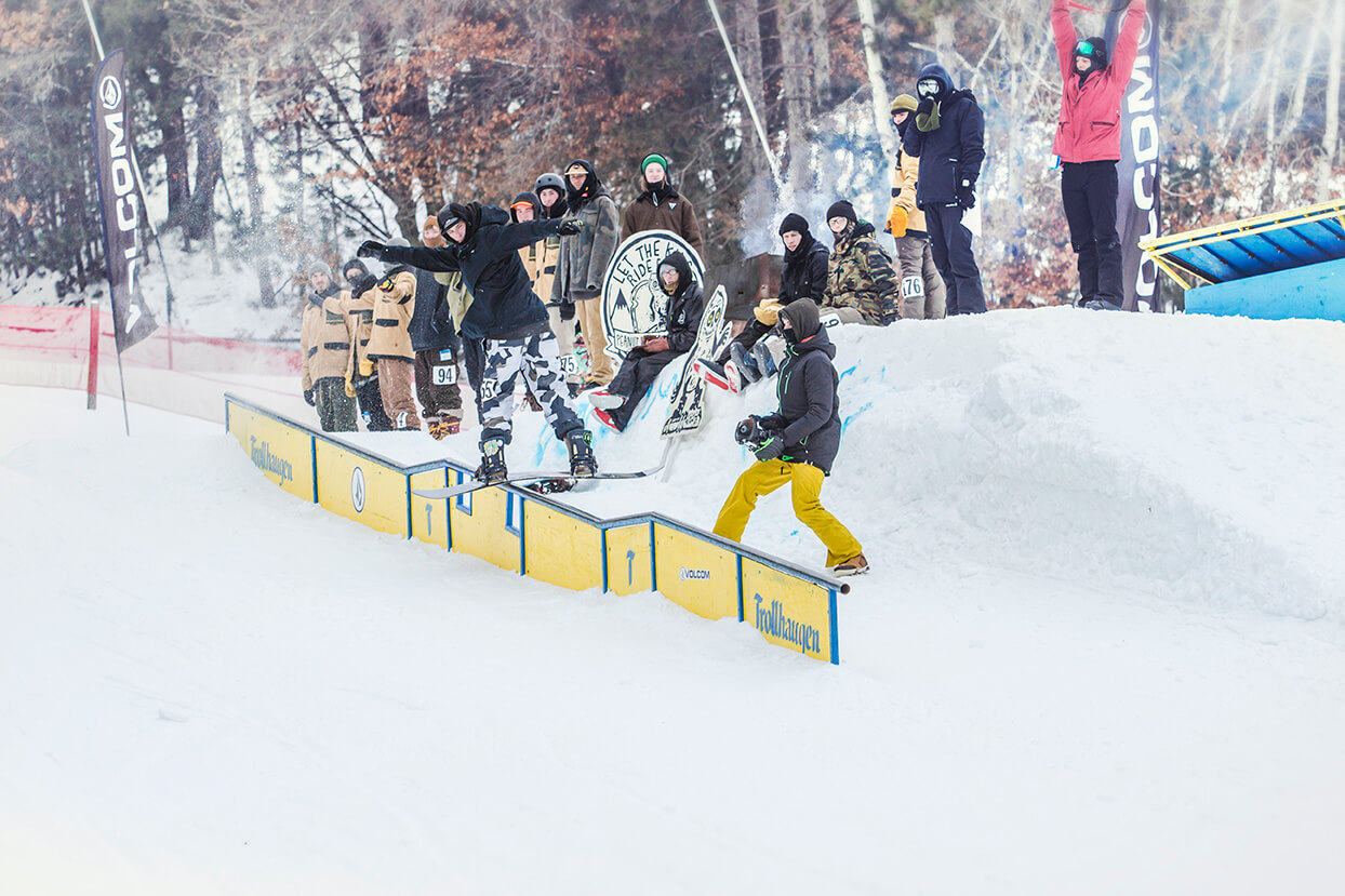 Skier sliding on a rail at Trollhaugen, WI during a competition