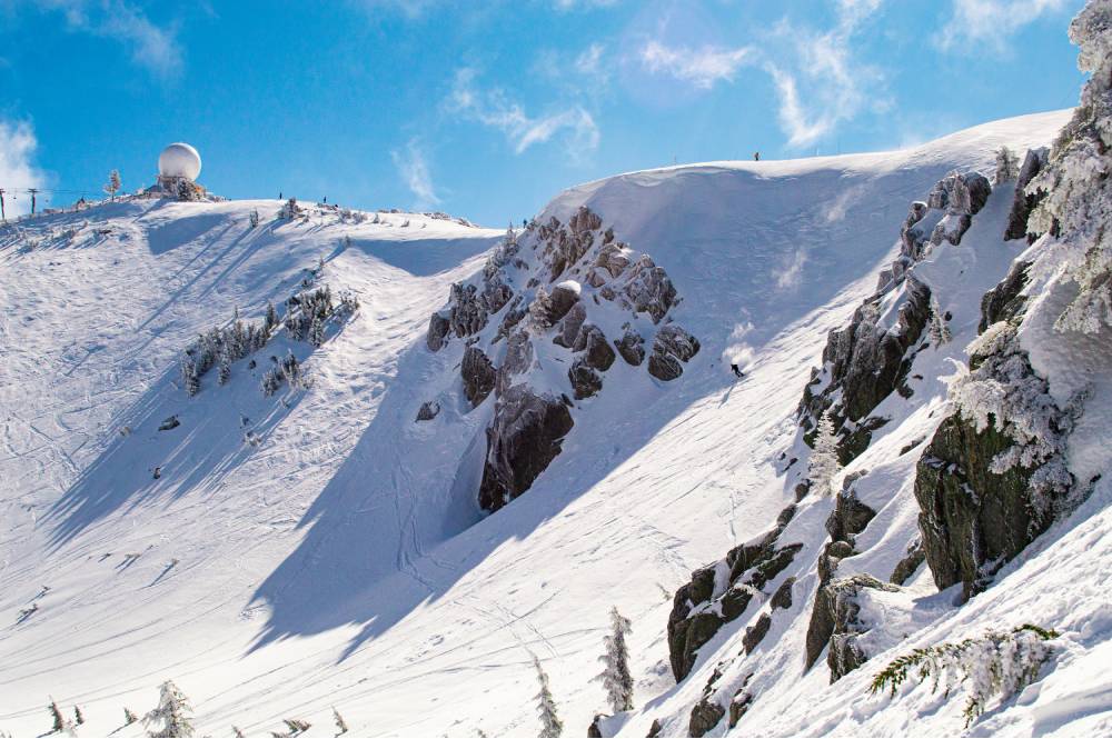 {A lone skier in a bowl at Mt. Ashland, OR