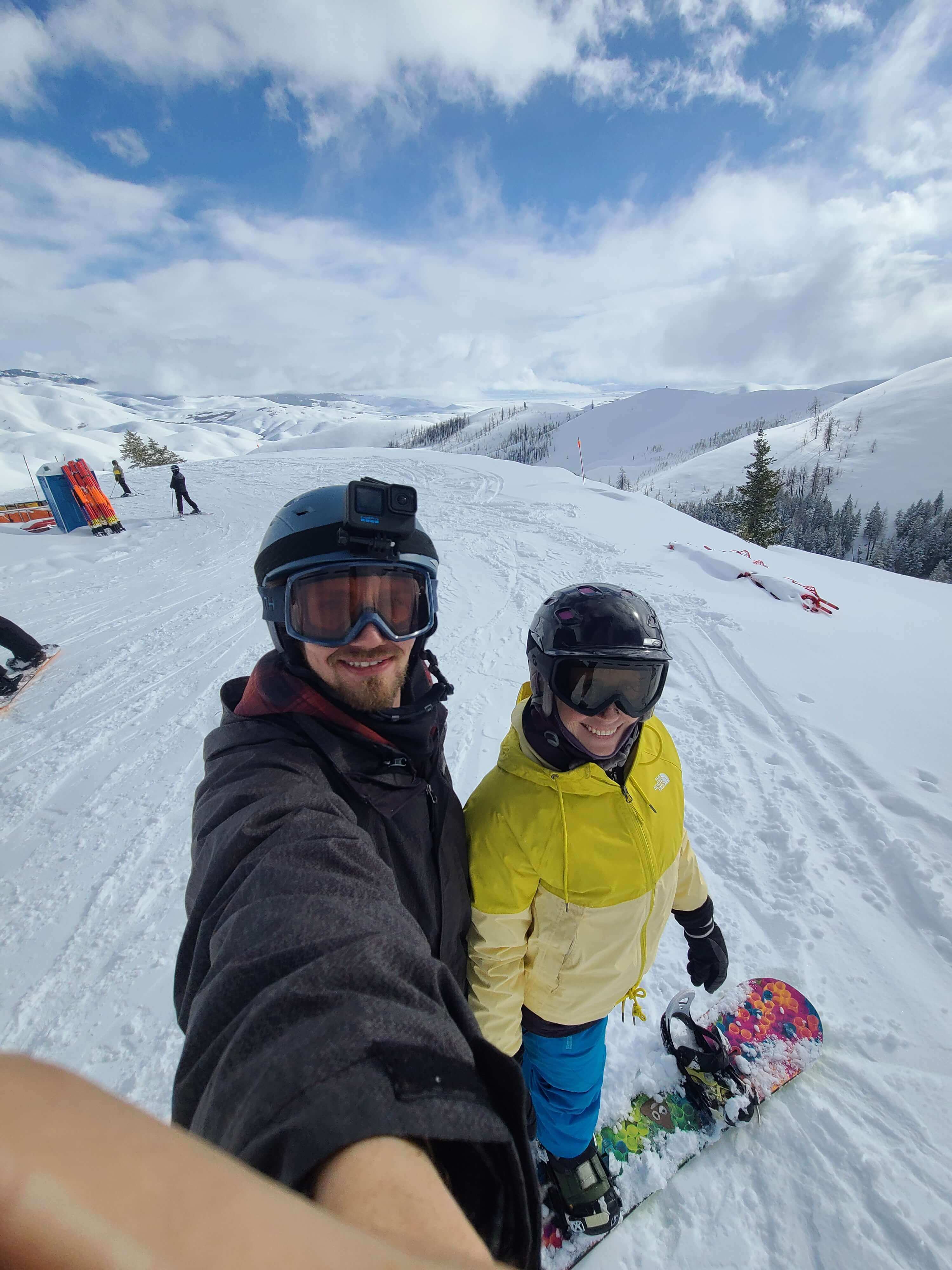 A selfie of Brian and Andrea on Snowboards at Soldier Mountain